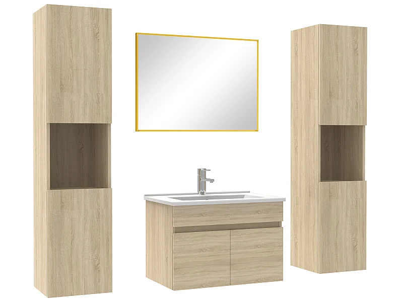 Ensemble meubles Salle de Bain 60cm simple vasque avec colonne + miroir mural Chêne Wotan