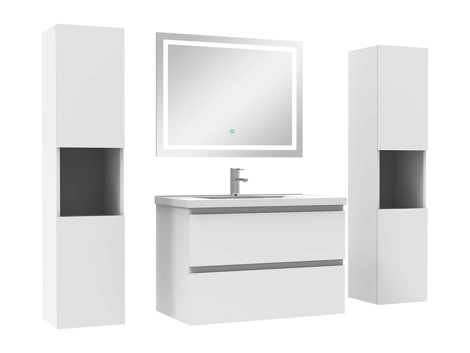Ensemble meubles Salle de Bain 80cm vasque + colonne + miroir lumineux Blanc