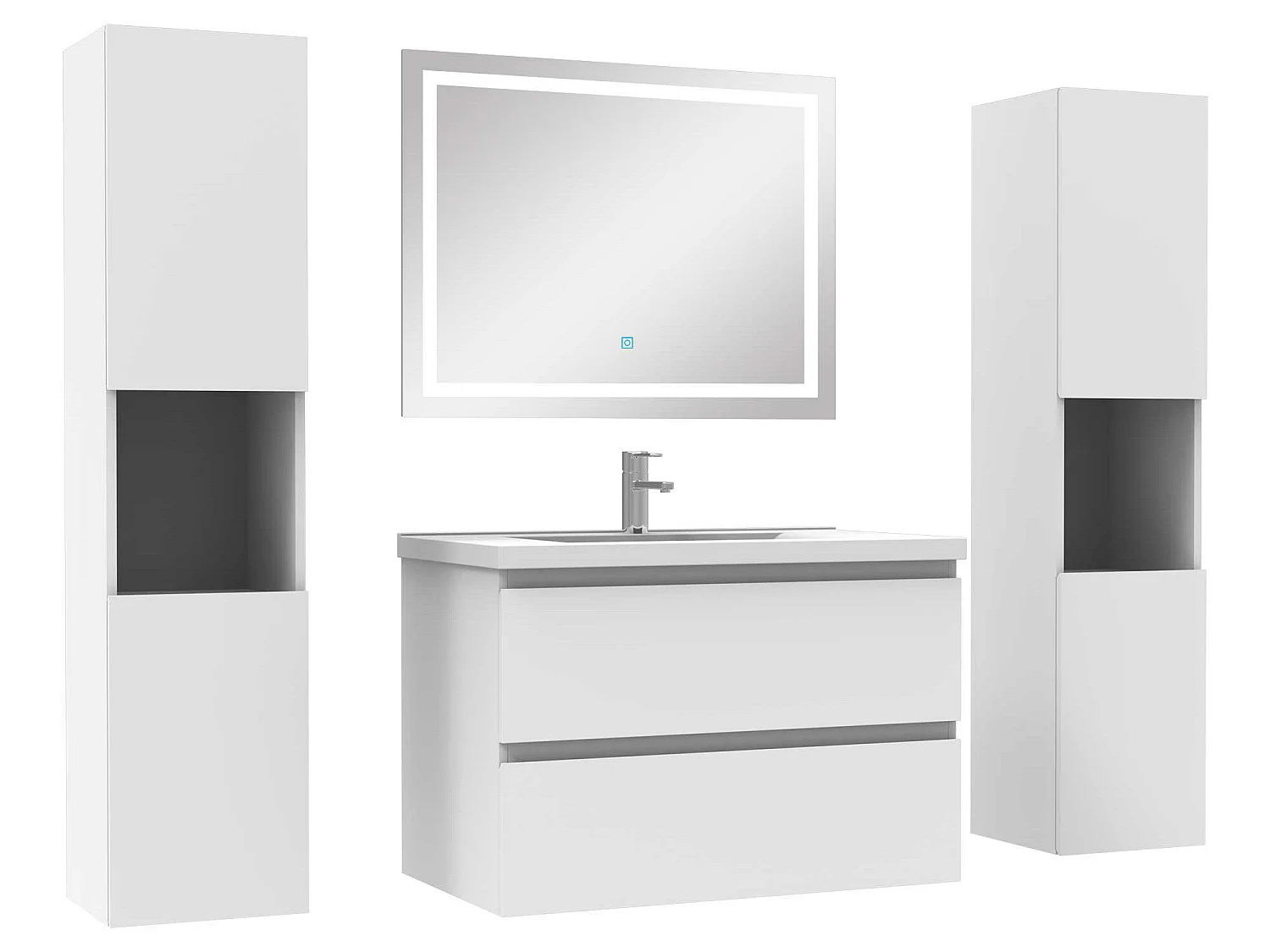 Ensemble meubles Salle de Bain 80cm vasque + colonne + miroir lumineux Blanc