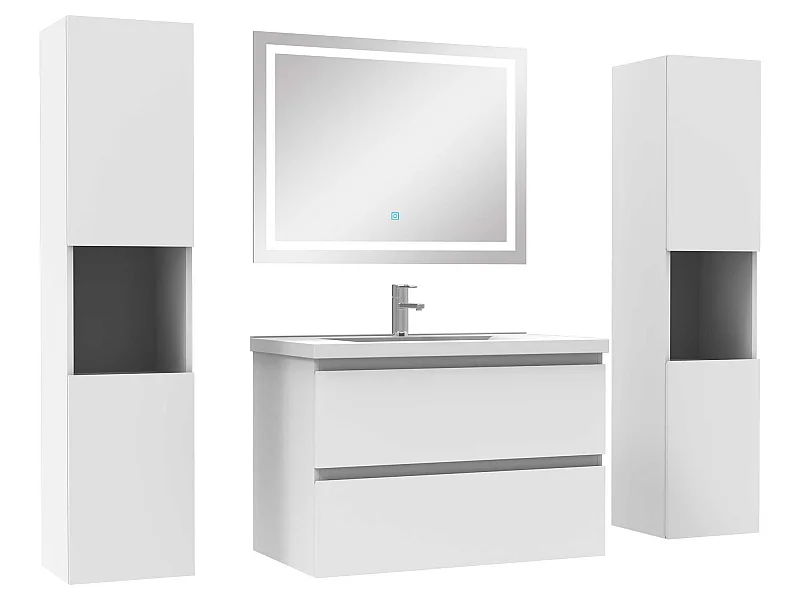 Ensemble meubles Salle de Bain 80cm vasque + colonne + miroir lumineux Blanc