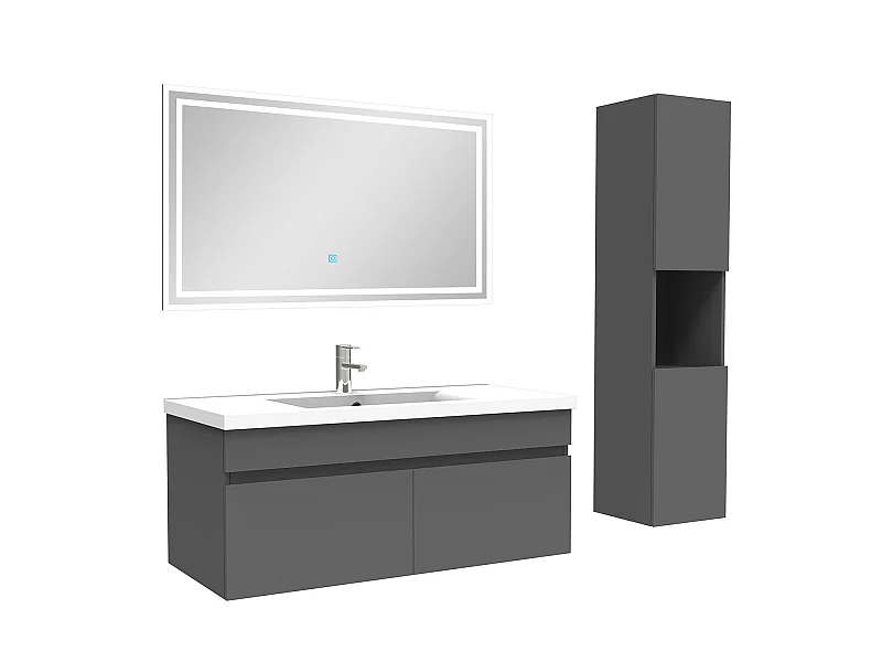 Meuble Salle de Bain 100cm Anthracite avec colonne + miroir lumineux, Aica