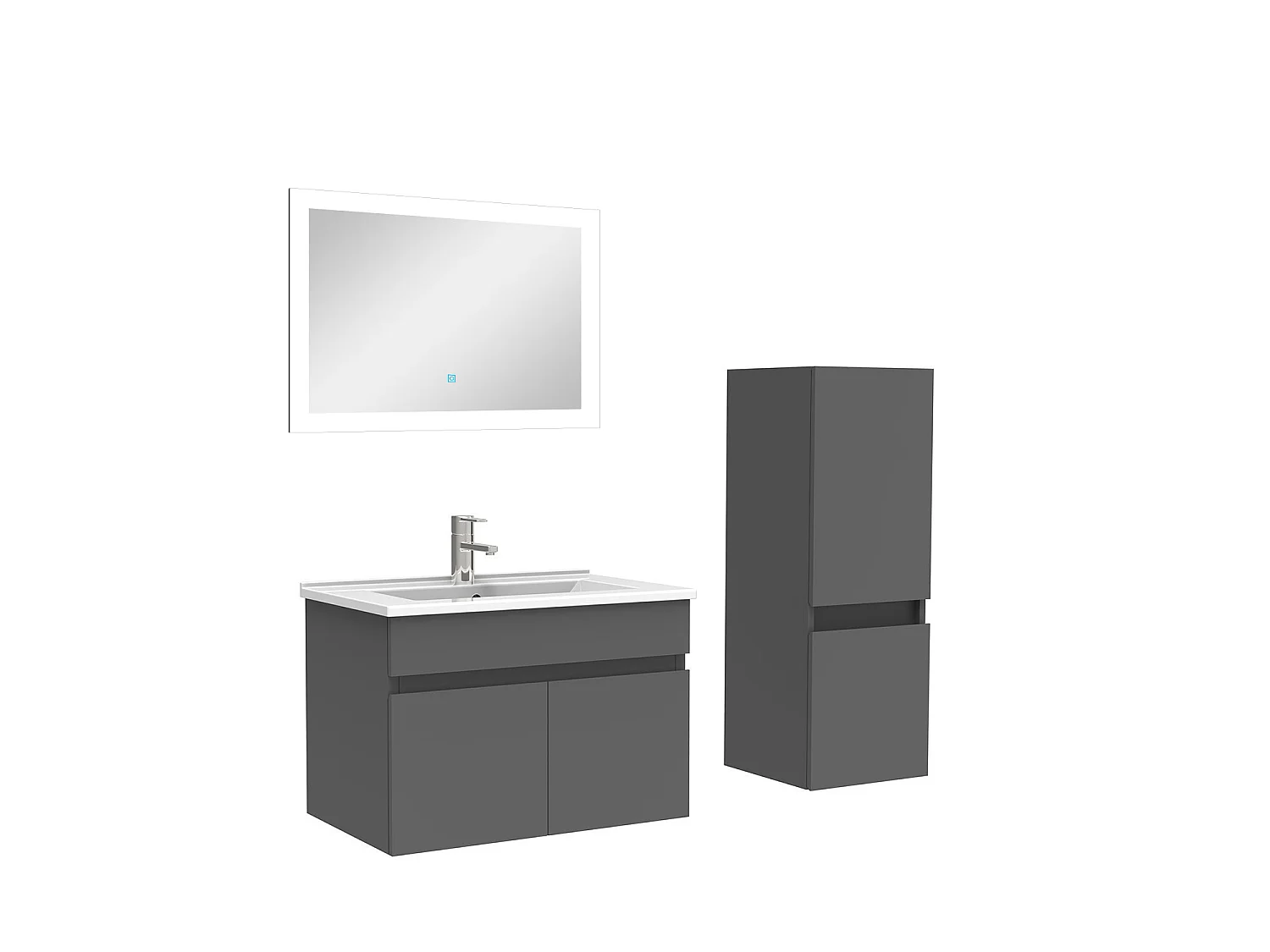 Ensemble Salle De Bain simple vasque 60cm meuble Anthracite avec colonne et miroir, Aica