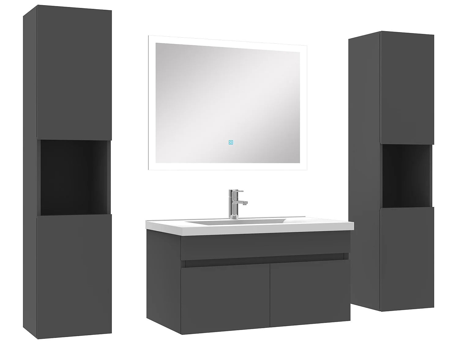 Ensemble meuble de salle de bain 80cm simple vasque + colonne de rangement + miroir lumineux Anthracite