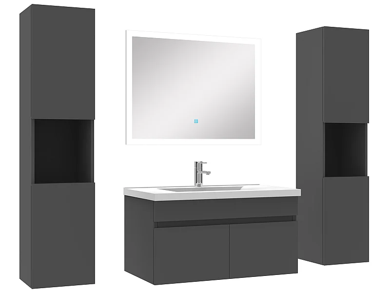 Ensemble meuble de salle de bain 80cm simple vasque + colonne de rangement + miroir lumineux Anthracite
