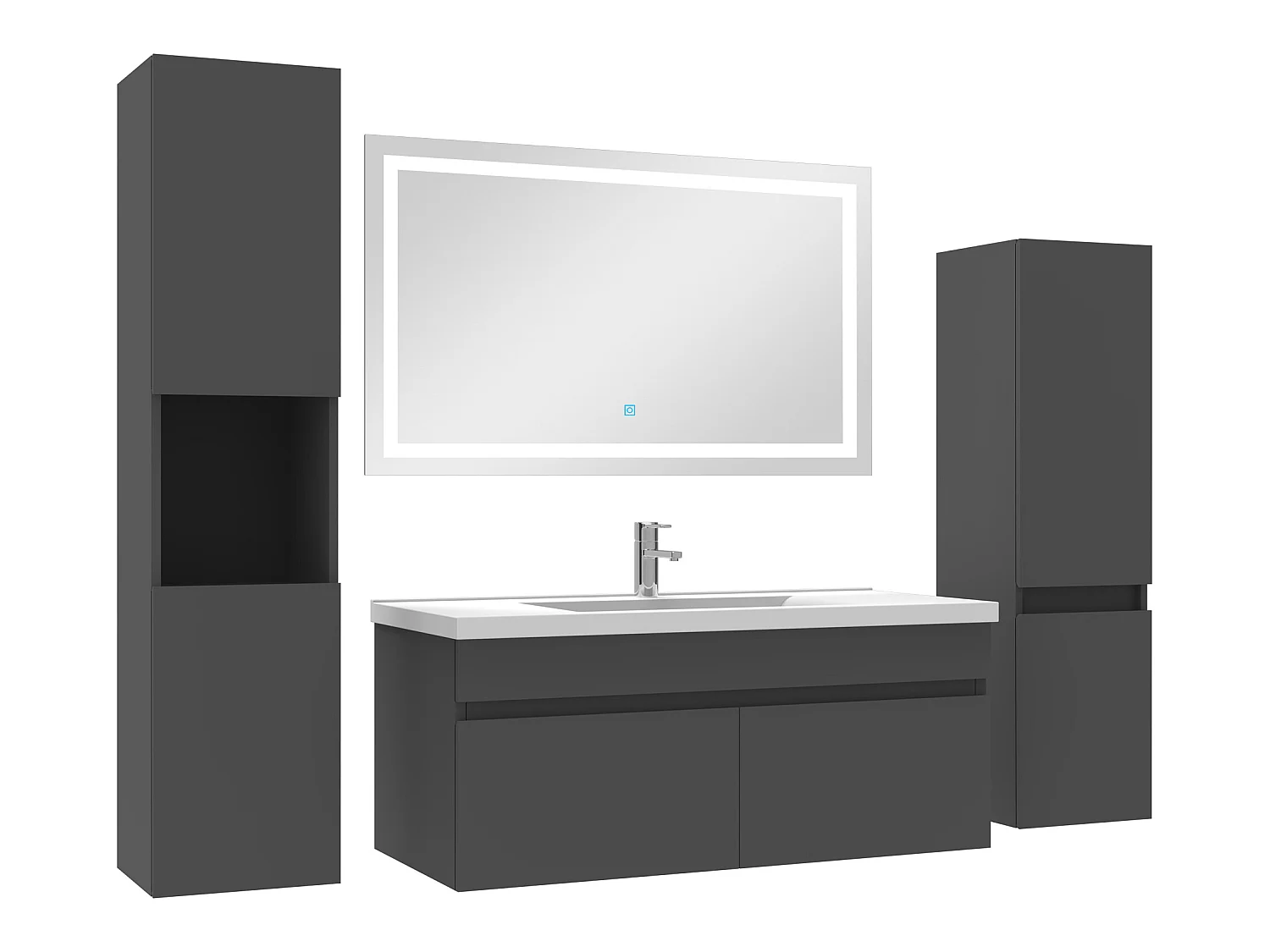 Meuble Salle de Bain 100cm simple vasque + colonne + miroir lumineux Anthracite