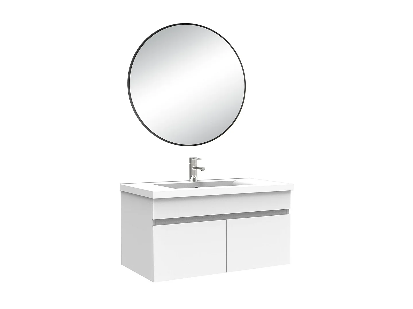 Meuble salle de bain simple vasque 80cm meuble + rond miroir Blanc, Aica