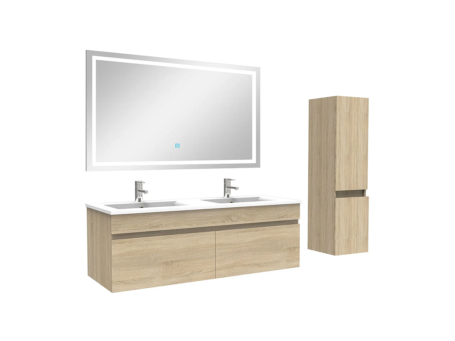 Ensemble meuble + vasque + miroir lumineux + colonne 120cm meuble salle de bain Chêne Wotan,Aica