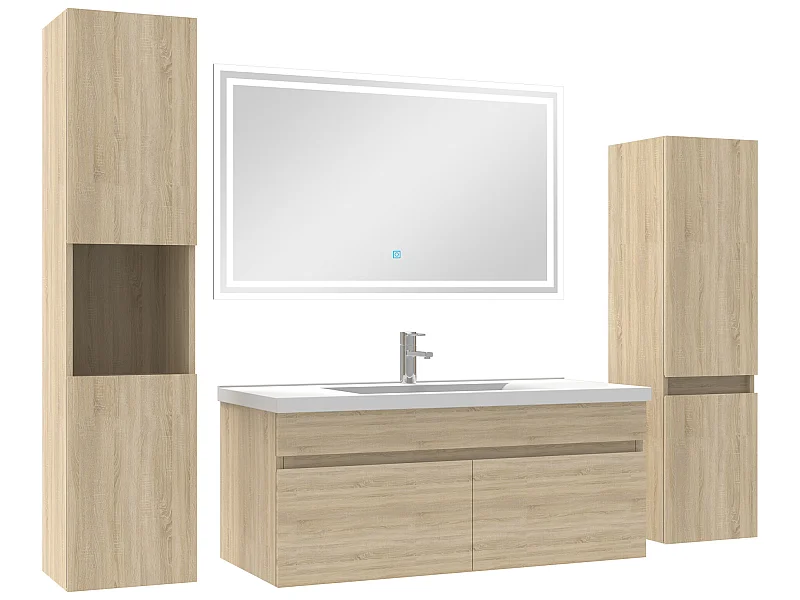 Meuble Salle de Bain Chêne Wotan 100cm simple vasque + colonne + miroir LED