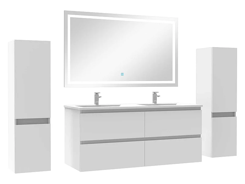 Ensemble meubles Salle de Bain 120cm double vasque + colonne + miroir lumineux Blanc