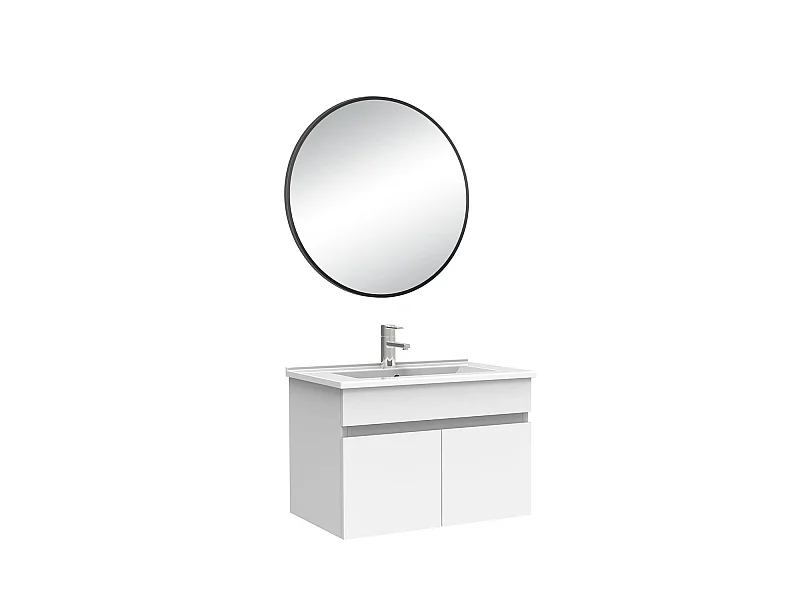 Meuble salle de bain simple vasque 60cm meuble + rond miroir Blanc, Aica