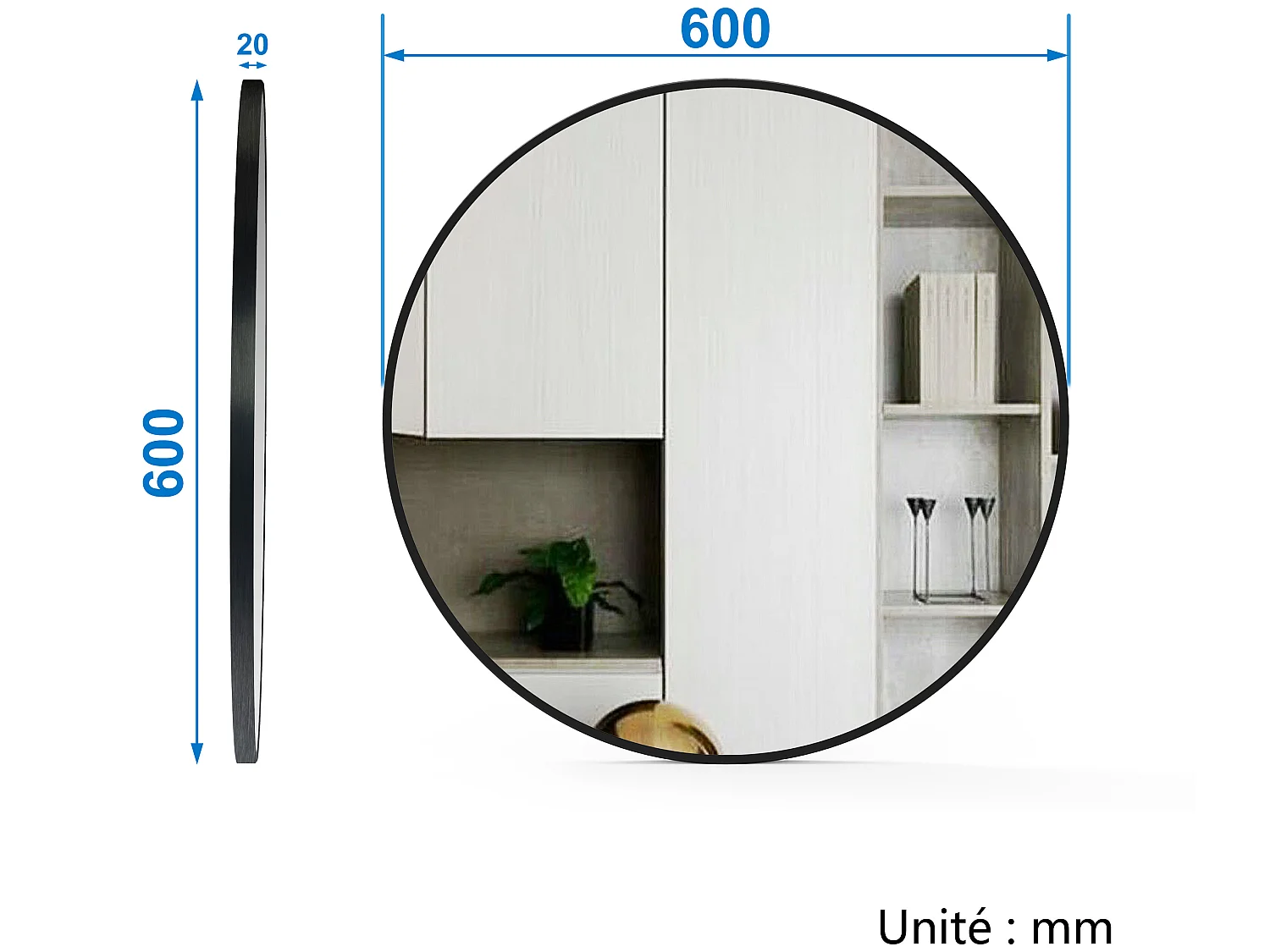 Meuble salle de bain simple vasque 60cm meuble + rond miroir Blanc, Aica