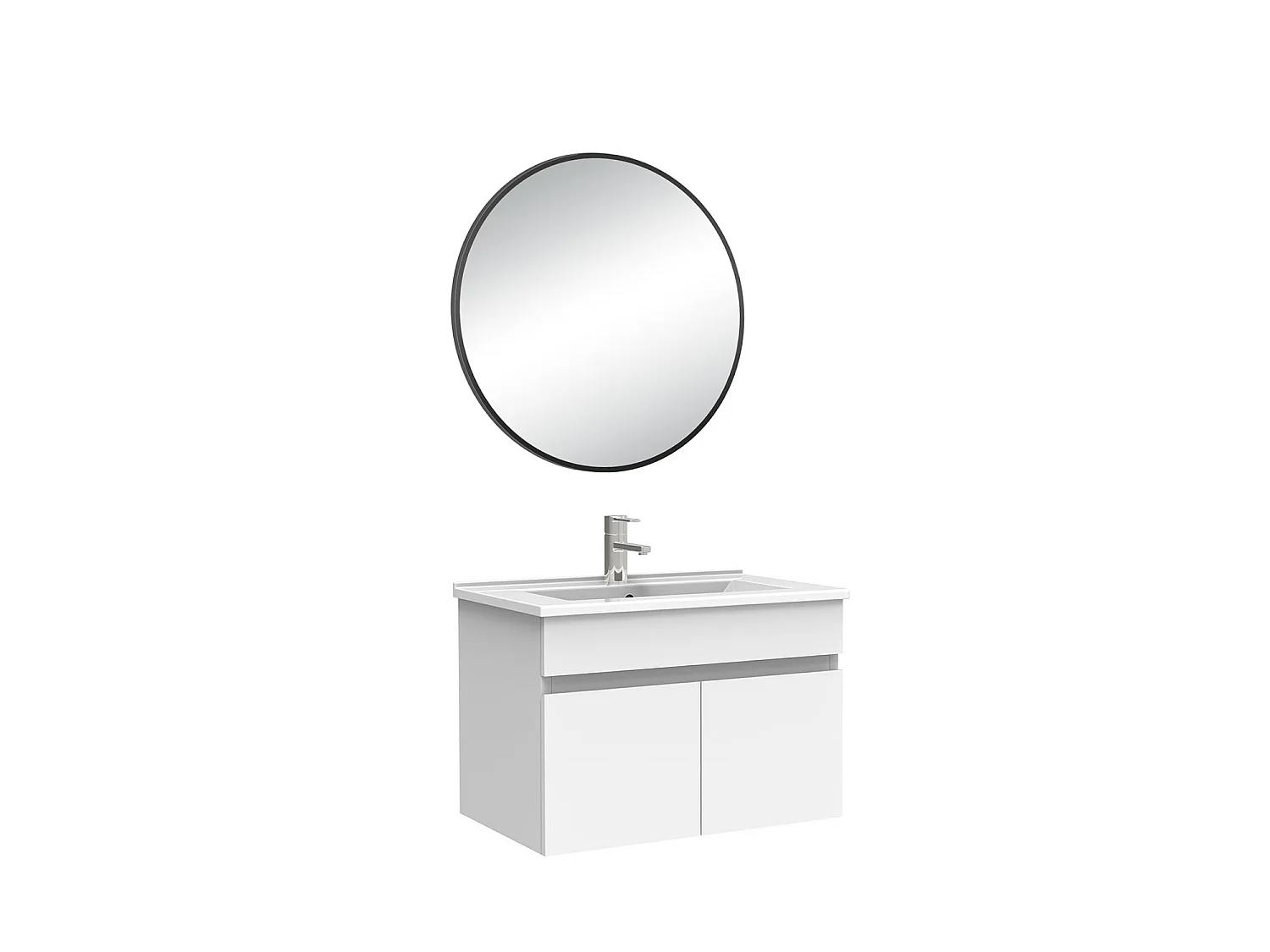 Meuble salle de bain simple vasque 60cm meuble + rond miroir Blanc, Aica