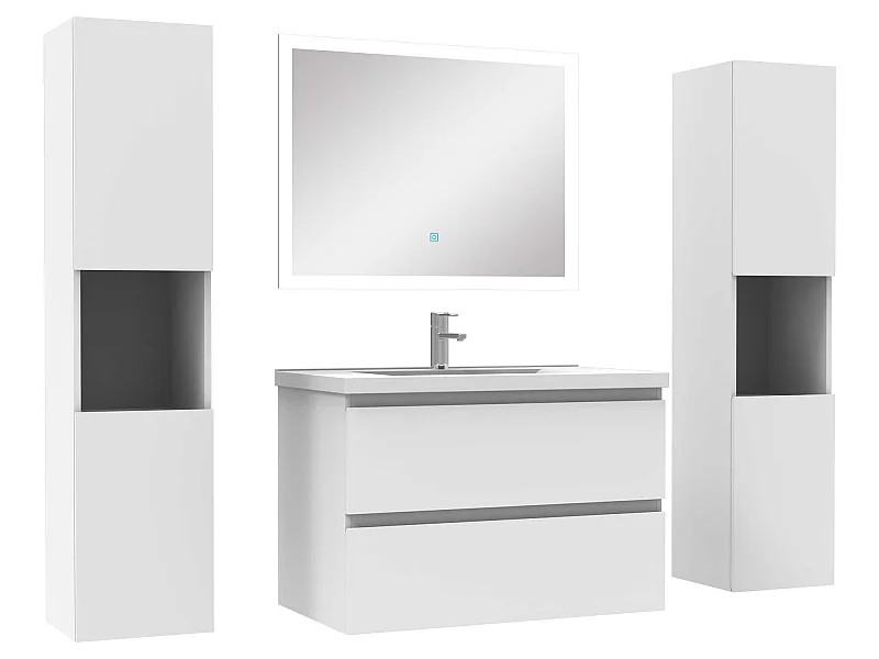 Ensemble meubles Salle de Bain 80cm vasque et colonnex2 et LED miroir Blanc