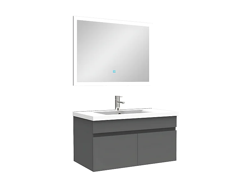 Ensemble Salle De Bain simple vasque 80cm meuble Anthracite avec miroir lumineux, Aica