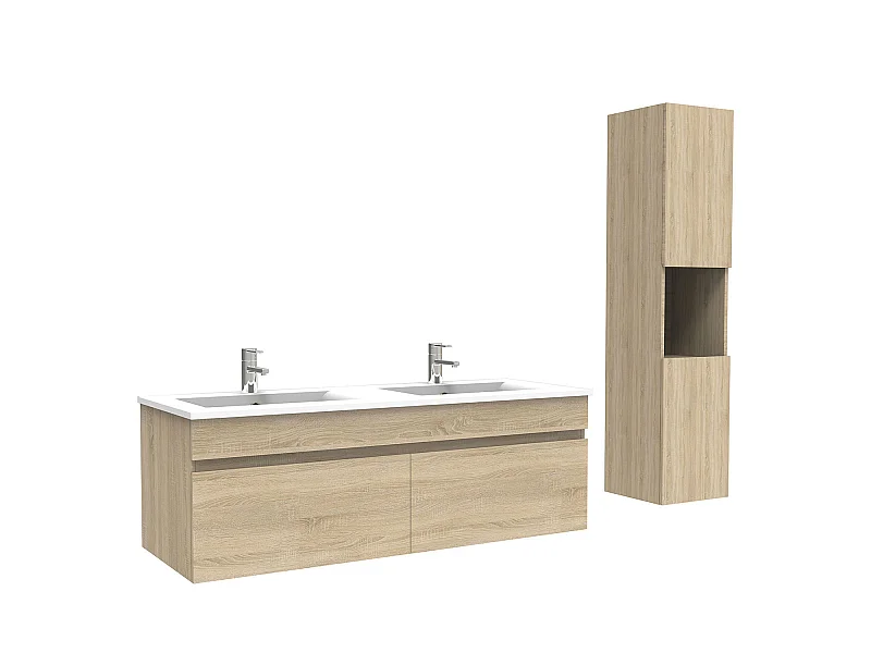 Meuble Salle de Bain avec colonne et vasque ceramique 120cm Chêne Wotan, Aica