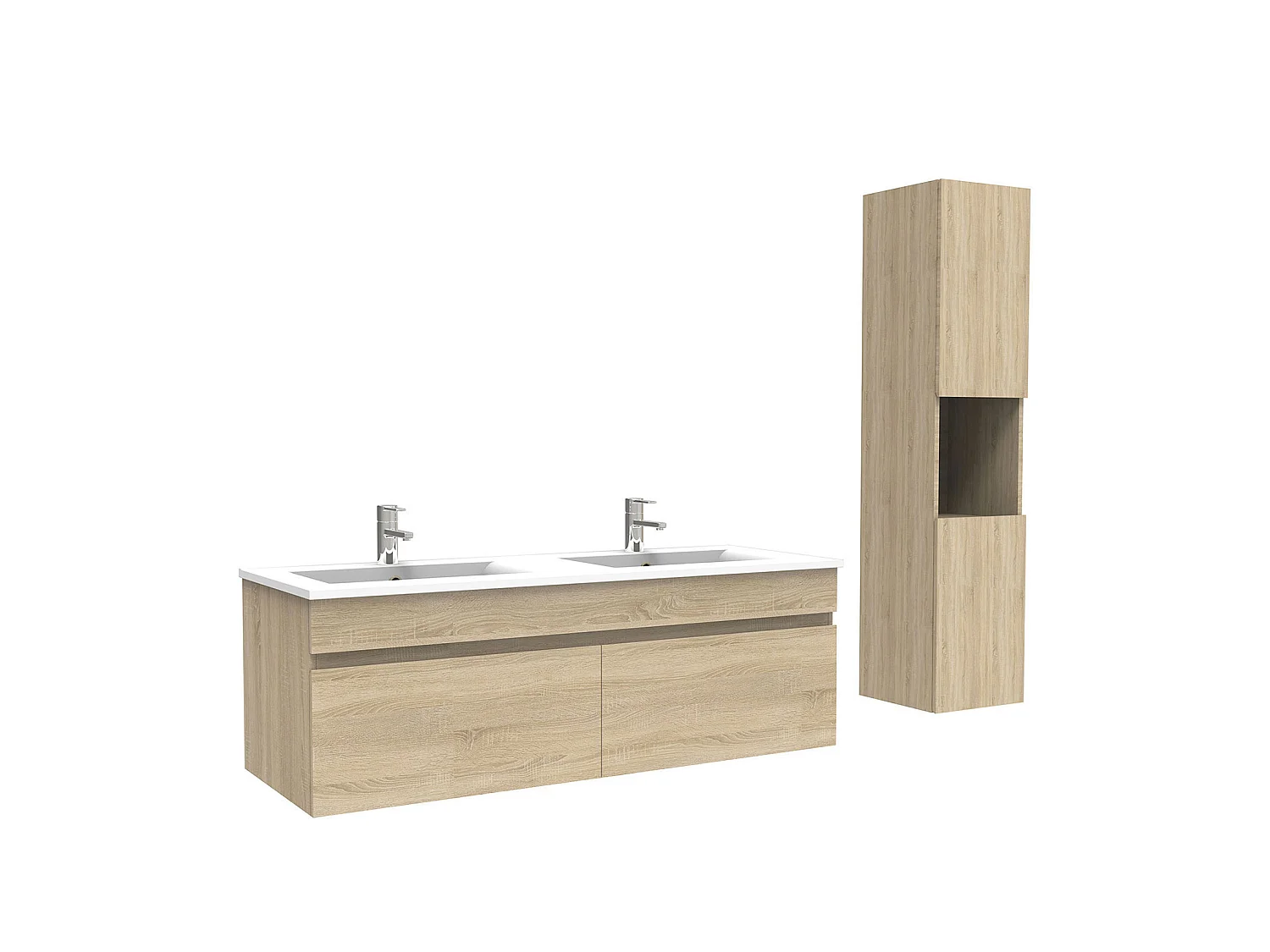 Meuble Salle de Bain avec colonne et vasque ceramique 120cm Chêne Wotan, Aica