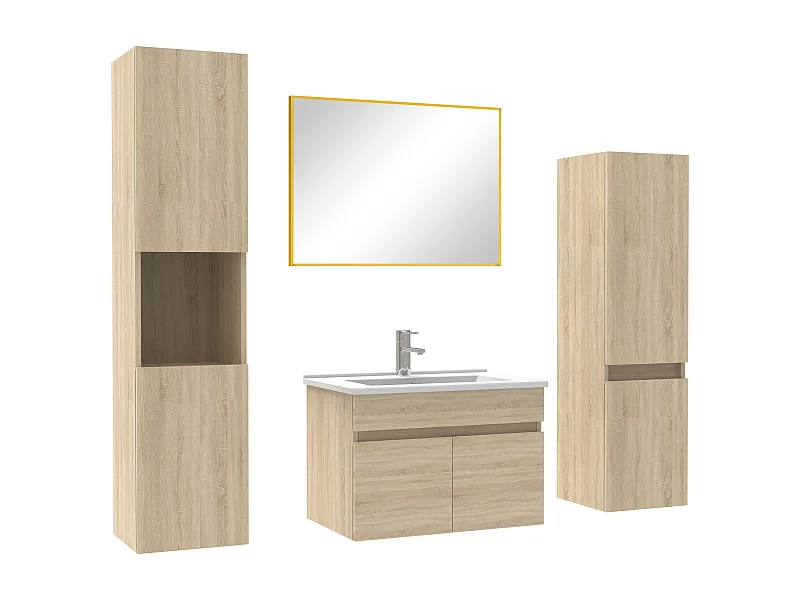 Ensemble meubles Salle de Bain 60cm avec colonne + miroir Chêne Wotan