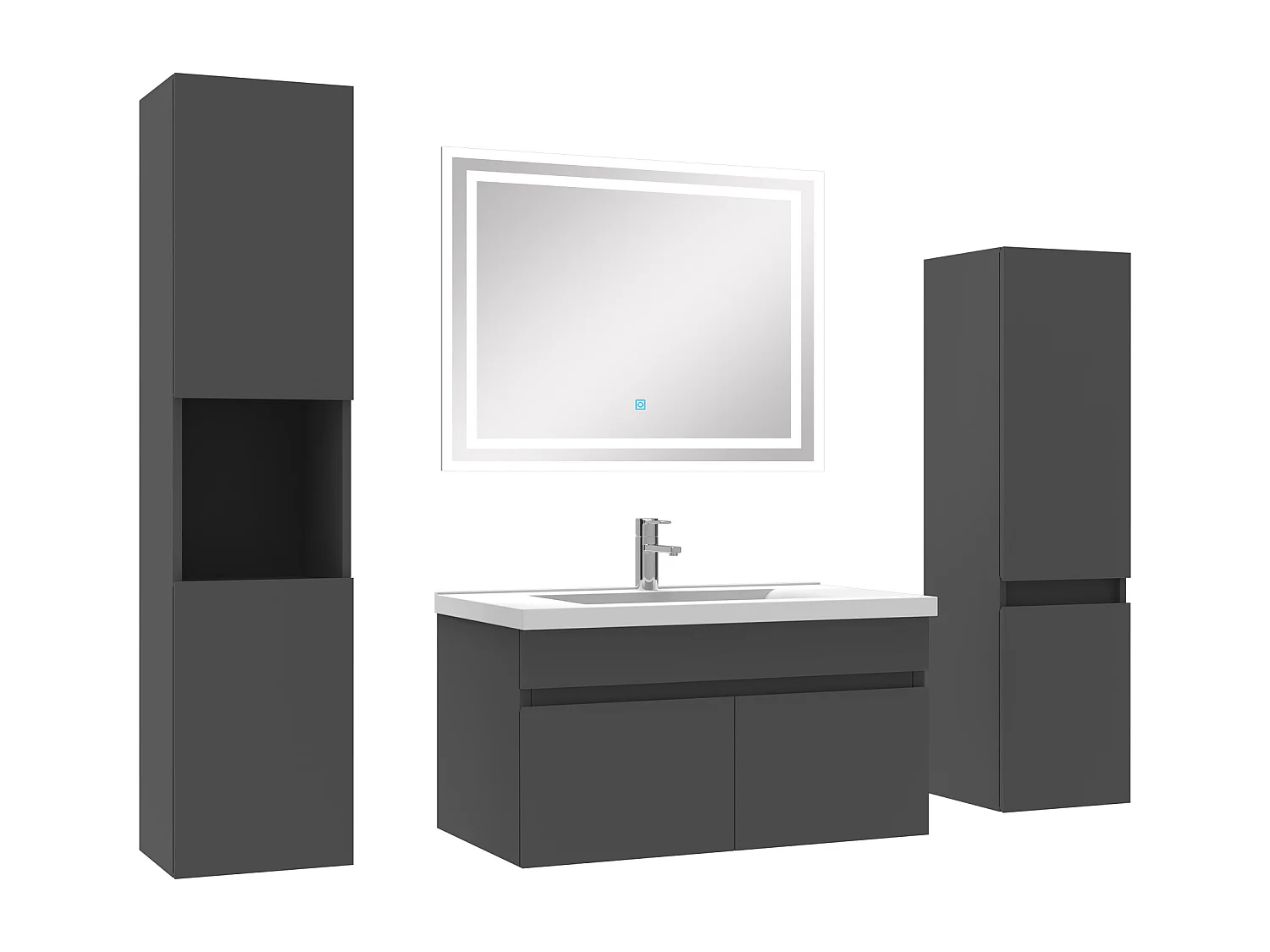 Meuble Salle de Bain Anthracite 80cm simple vasque + colonne + miroir LED