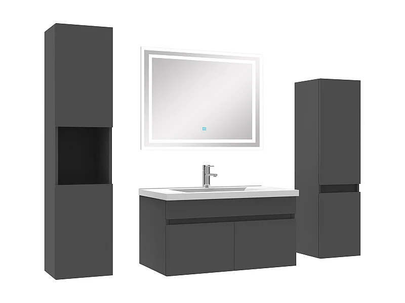 Meuble Salle de Bain Anthracite 80cm simple vasque + colonne + miroir LED