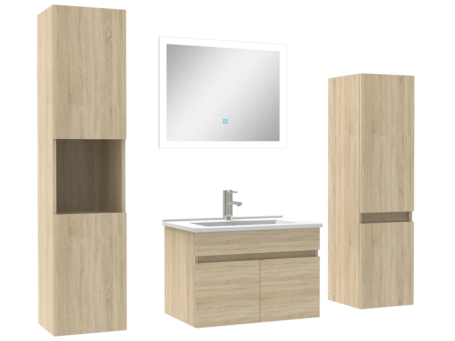 Ensemble meuble vasque 60cm + colonne de rangement + miroir lumineux Chêne Wotan