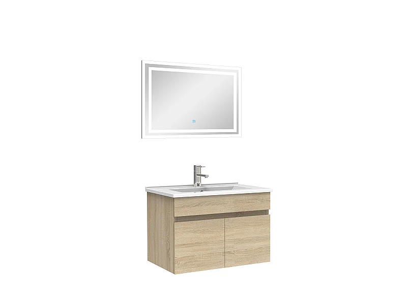 Ensemble Salle De Bain 60cm meuble Chêne Wotan avec miroir lumineux, Aica