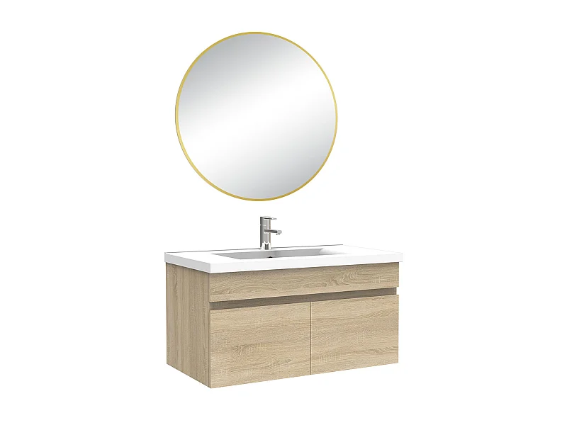 Meuble salle de bain simple vasque 80cm meuble + rond miroir Chêne Wotan, Aica