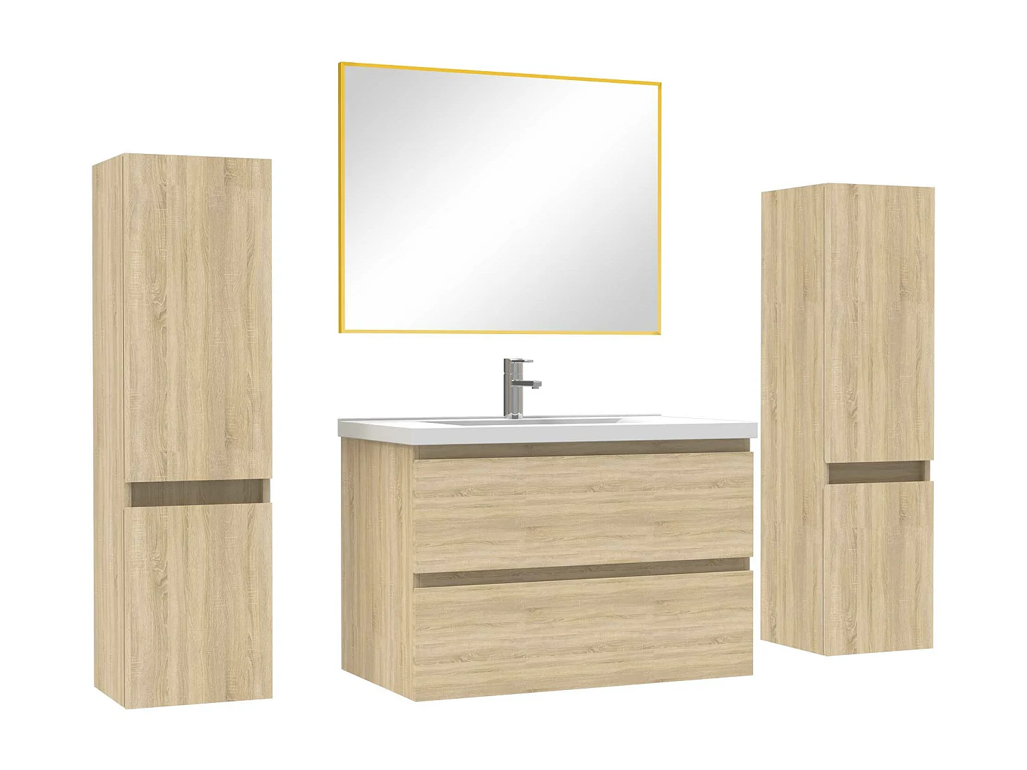 Ensemble meubles Salle de Bain avec colonne + miroir mural 80cm meuble Chêne Wotan