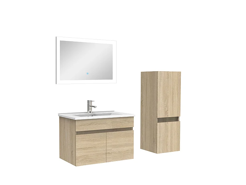Ensemble Salle De Bain simple vasque 60cm meuble Chêne Wotan avec colonne et miroir, Aica