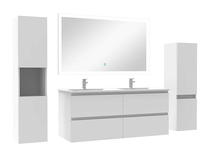 Ensemble meuble de salle de bain 120cm double vasque + colonne de rangement + miroir Blanc