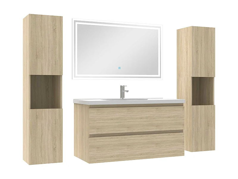 Ensemble meubles Salle de Bain 100cm avec colonne + miroir lumineux Chêne Wotan