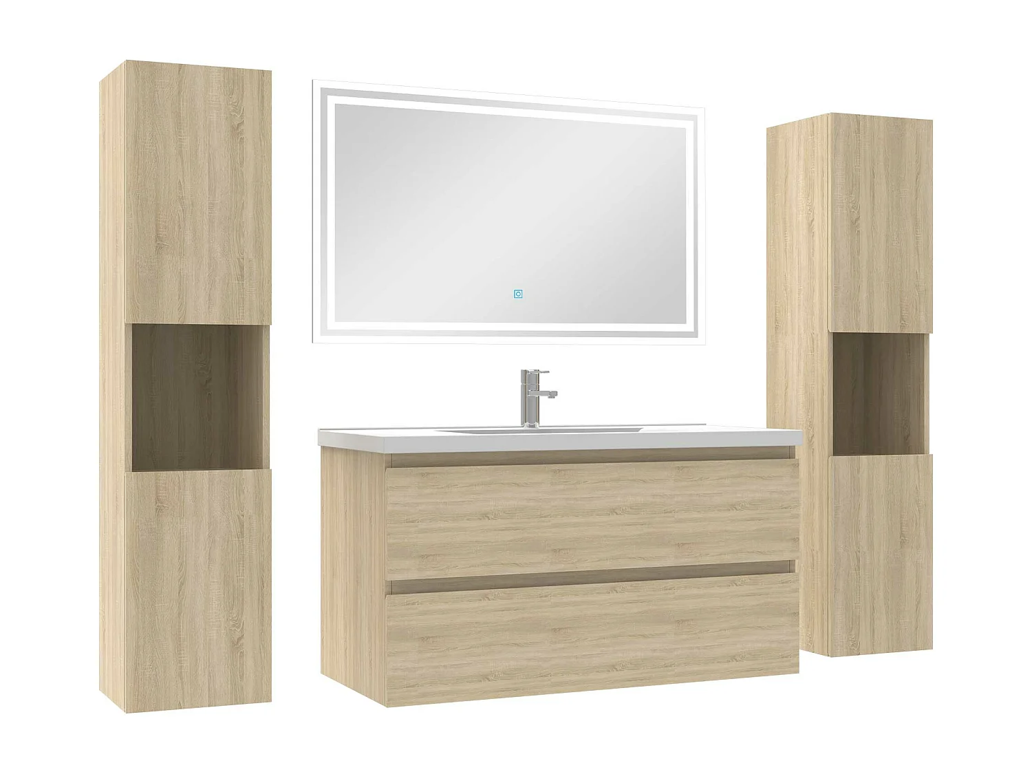 Ensemble meubles Salle de Bain 100cm avec colonne + miroir lumineux Chêne Wotan