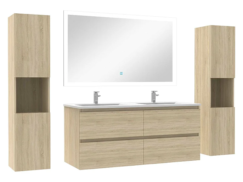 Ensemble meubles Salle de Bain 120cm vasque et colonnex2 et LED miroir Chêne Wotan