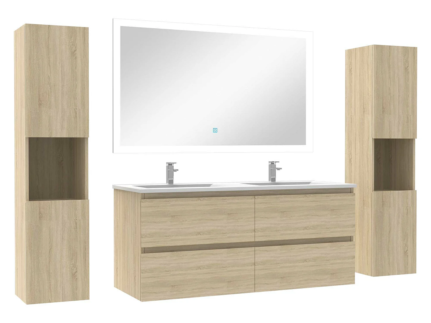 Ensemble meubles Salle de Bain 120cm vasque et colonnex2 et LED miroir Chêne Wotan