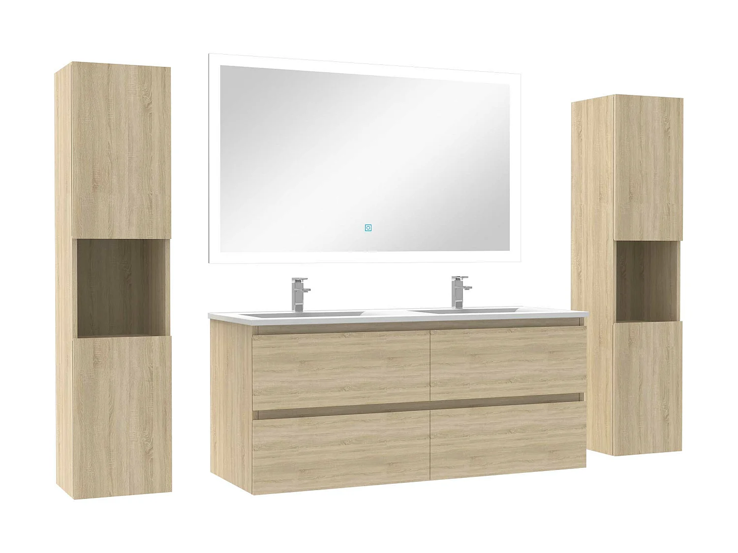 Ensemble meubles Salle de Bain 120cm vasque et colonnex2 et LED miroir Chêne Wotan