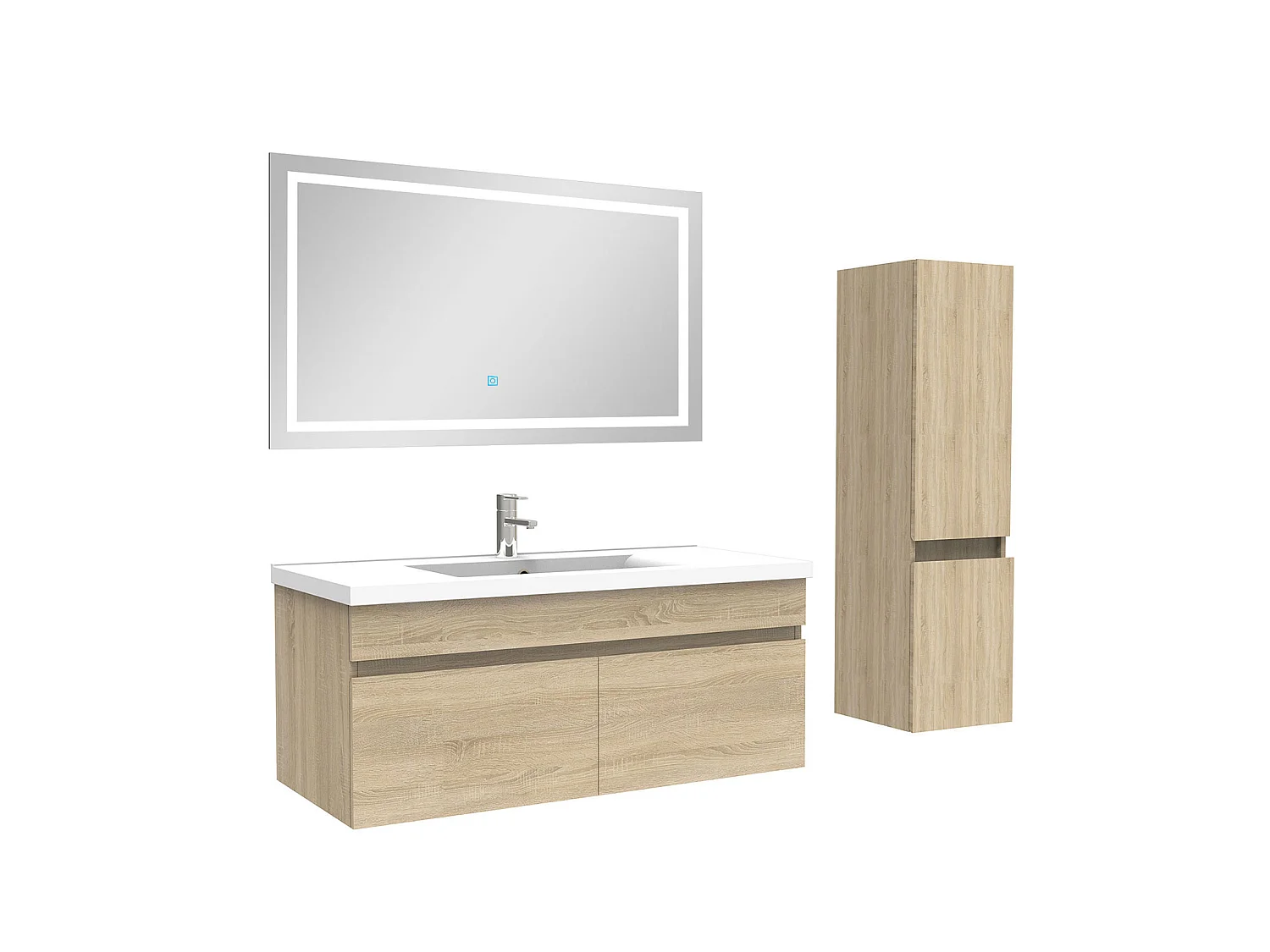 Ensemble meuble + vasque + miroir lumineux + colonne 100cm meuble salle de bain Chêne Wotan,Aica
