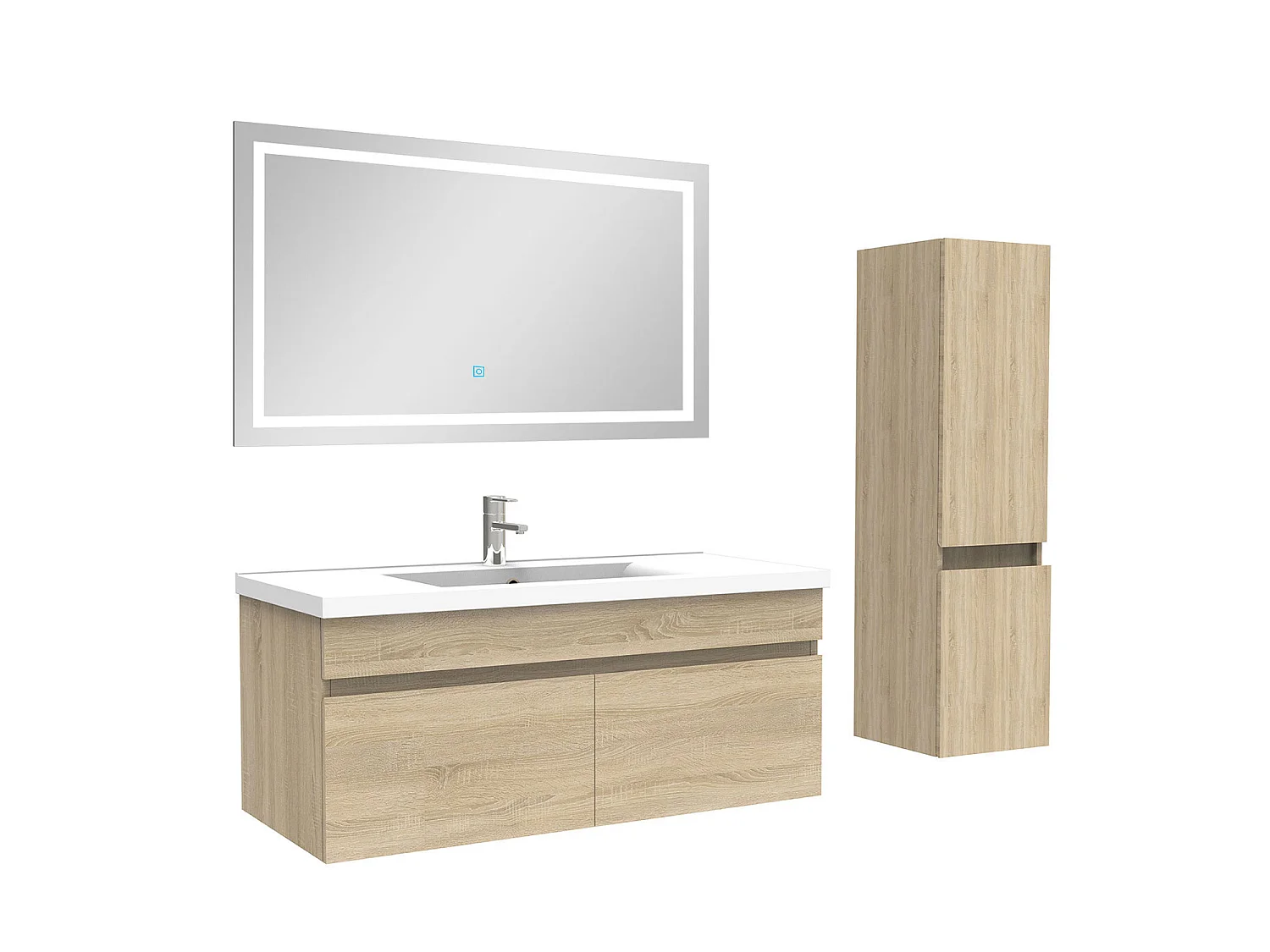 Ensemble meuble + vasque + miroir lumineux + colonne 100cm meuble salle de bain Chêne Wotan,Aica