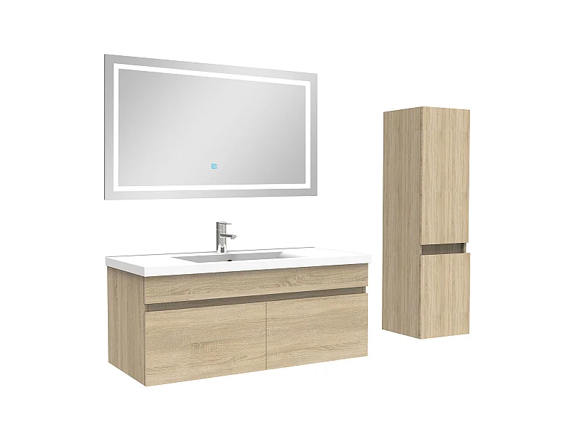 Ensemble meuble + vasque + miroir lumineux + colonne 100cm meuble salle de bain Chêne Wotan,Aica