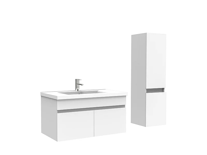 Meuble Salle de Bain avec colonne 80cm Blanc avec vasque ceramique, Aica