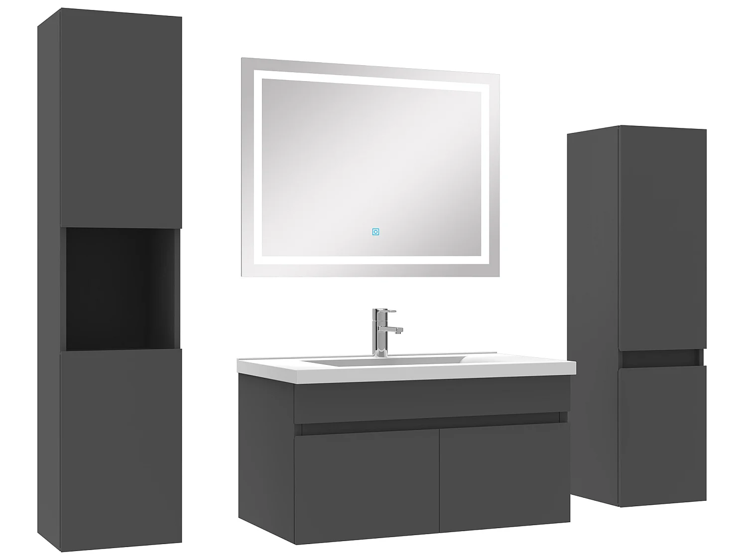 Meuble Salle de Bain 80cm simple vasque + colonne + miroir lumineux Anthracite
