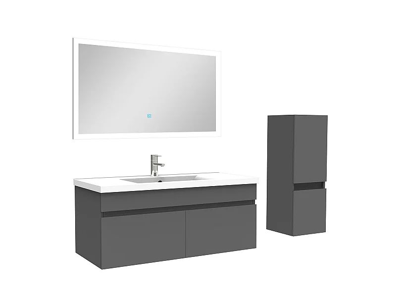 Ensemble Salle De Bain simple vasque 100cm meuble Anthracite avec colonne et miroir, Aica