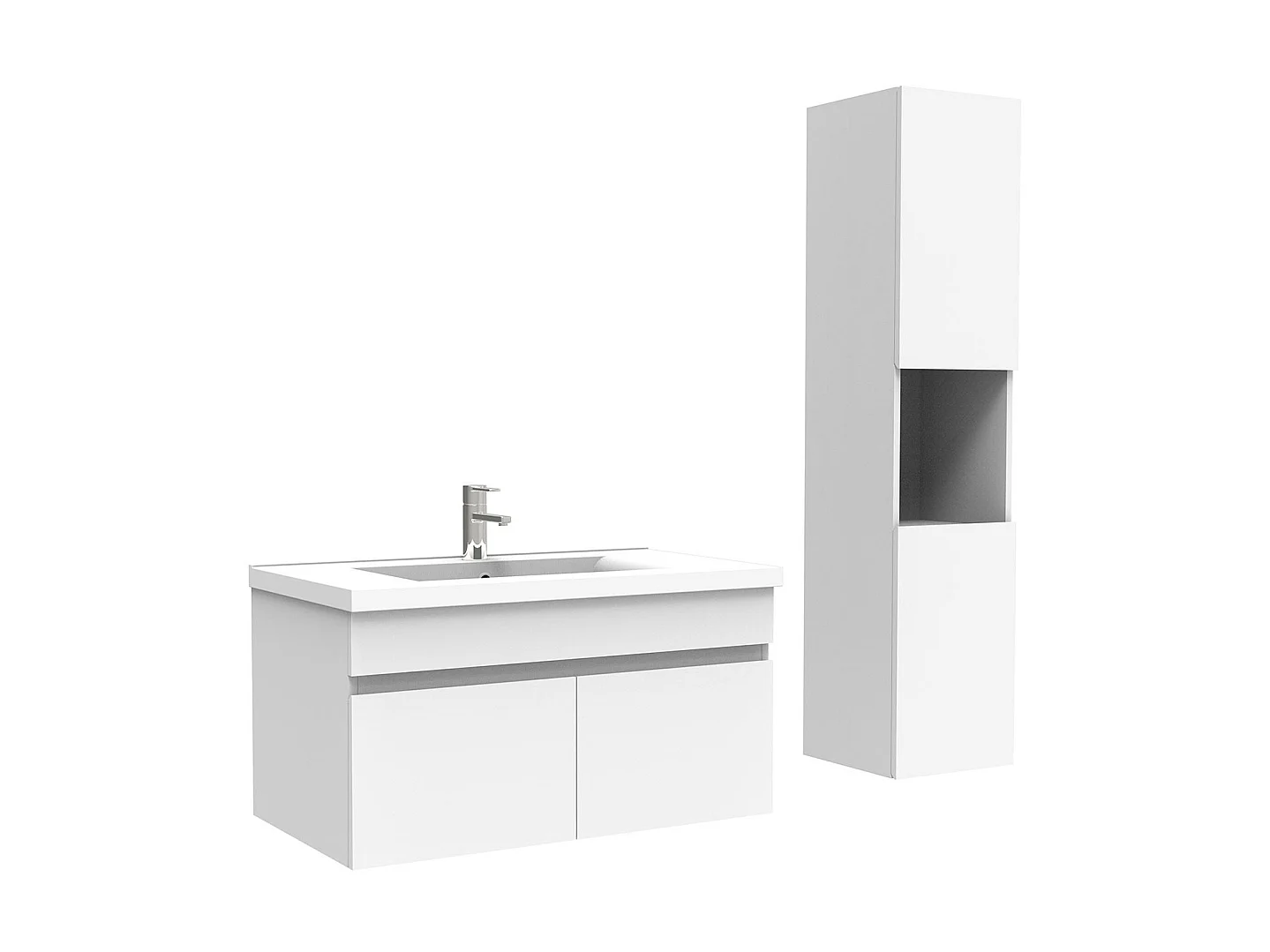 Meuble Salle de Bain avec colonne et vasque ceramique 80cm Blanc, Aica