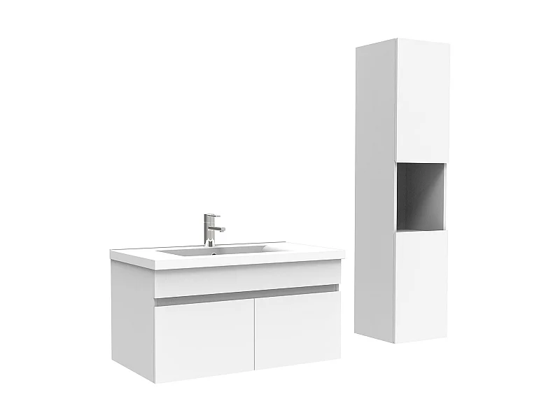 Meuble Salle de Bain avec colonne et vasque ceramique 80cm Blanc, Aica