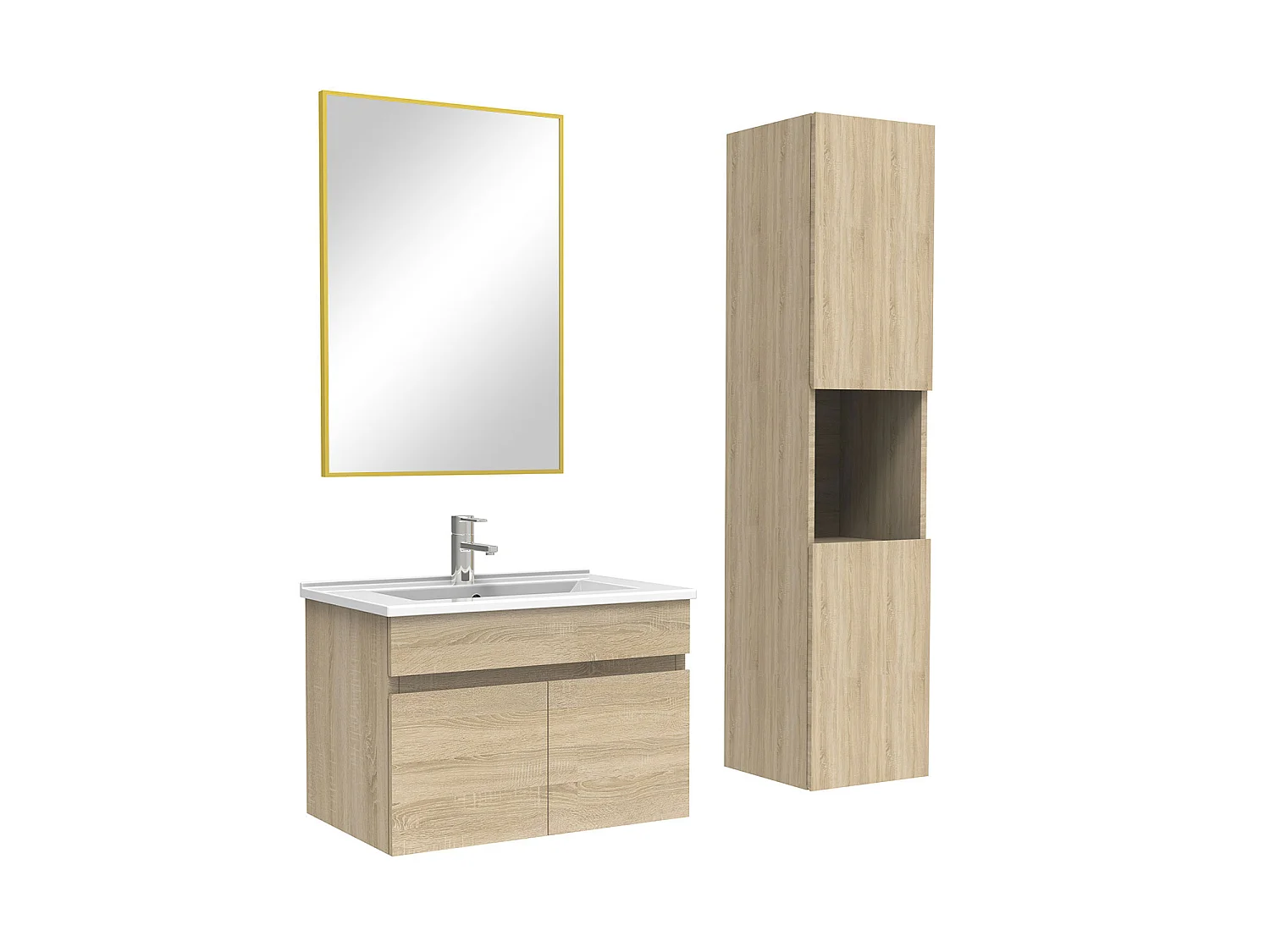 Ensemble meuble et vasque et colonne et miroir 60cm meuble salle de bain Chêne Wotan,Aica