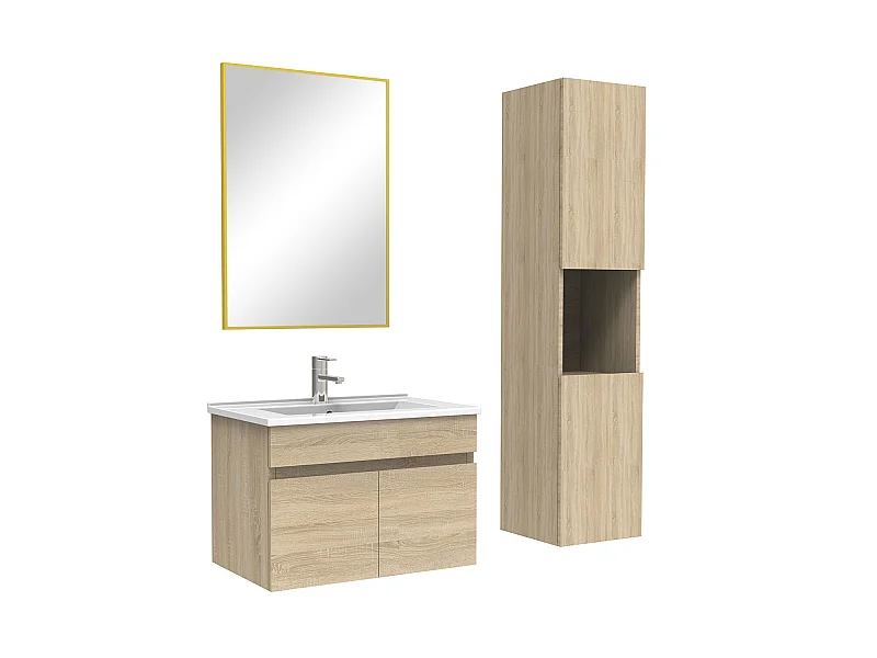 Ensemble meuble et vasque et colonne et miroir 60cm meuble salle de bain Chêne Wotan,Aica