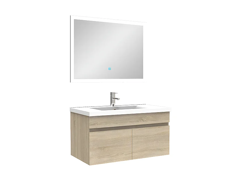 Ensemble Salle De Bain simple vasque 80cm meuble Chêne Wotan avec miroir lumineux, Aica