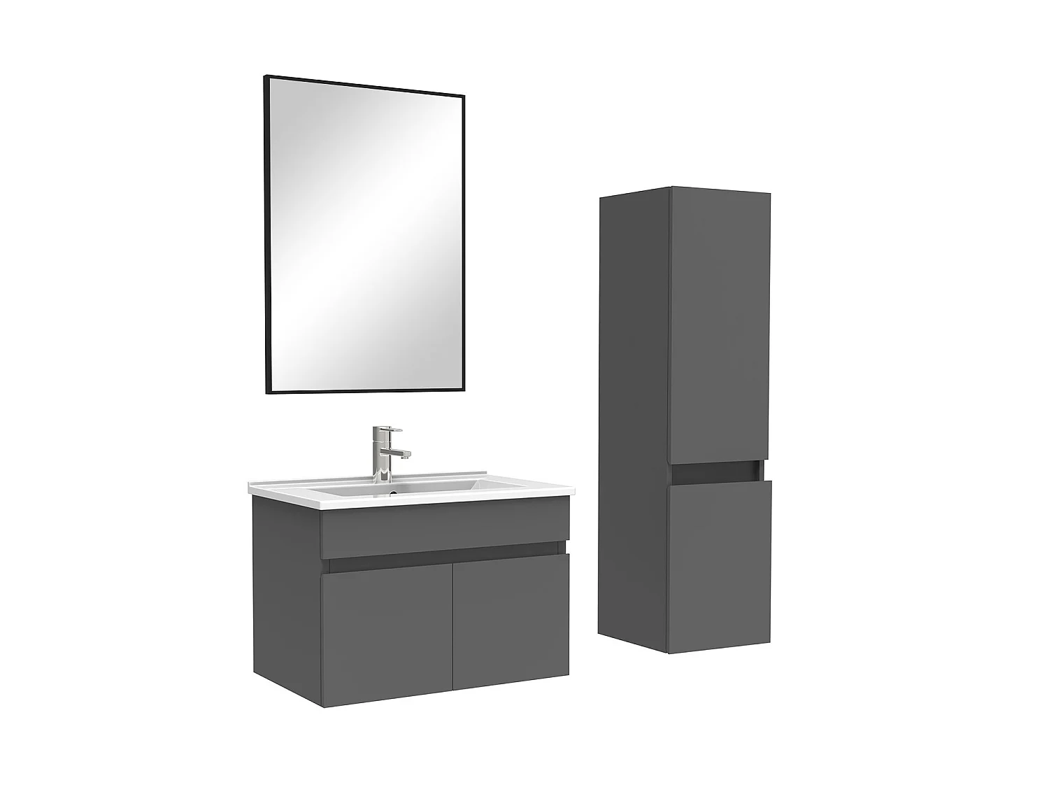 Ensemble Salle De Bain 60cm Anthracite meuble et miroir et colonne et simple vasque, Aica
