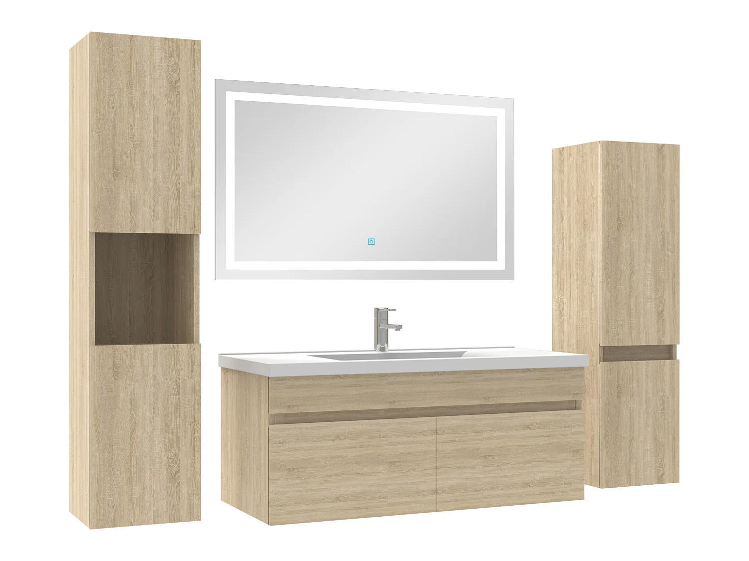 Meuble Salle de Bain 100cm simple vasque + colonne + miroir lumineux Chêne Wotan