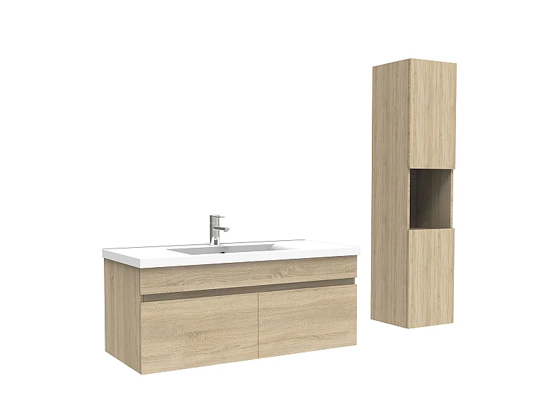 Meuble Salle de Bain avec colonne et vasque ceramique 100cm Chêne Wotan, Aica