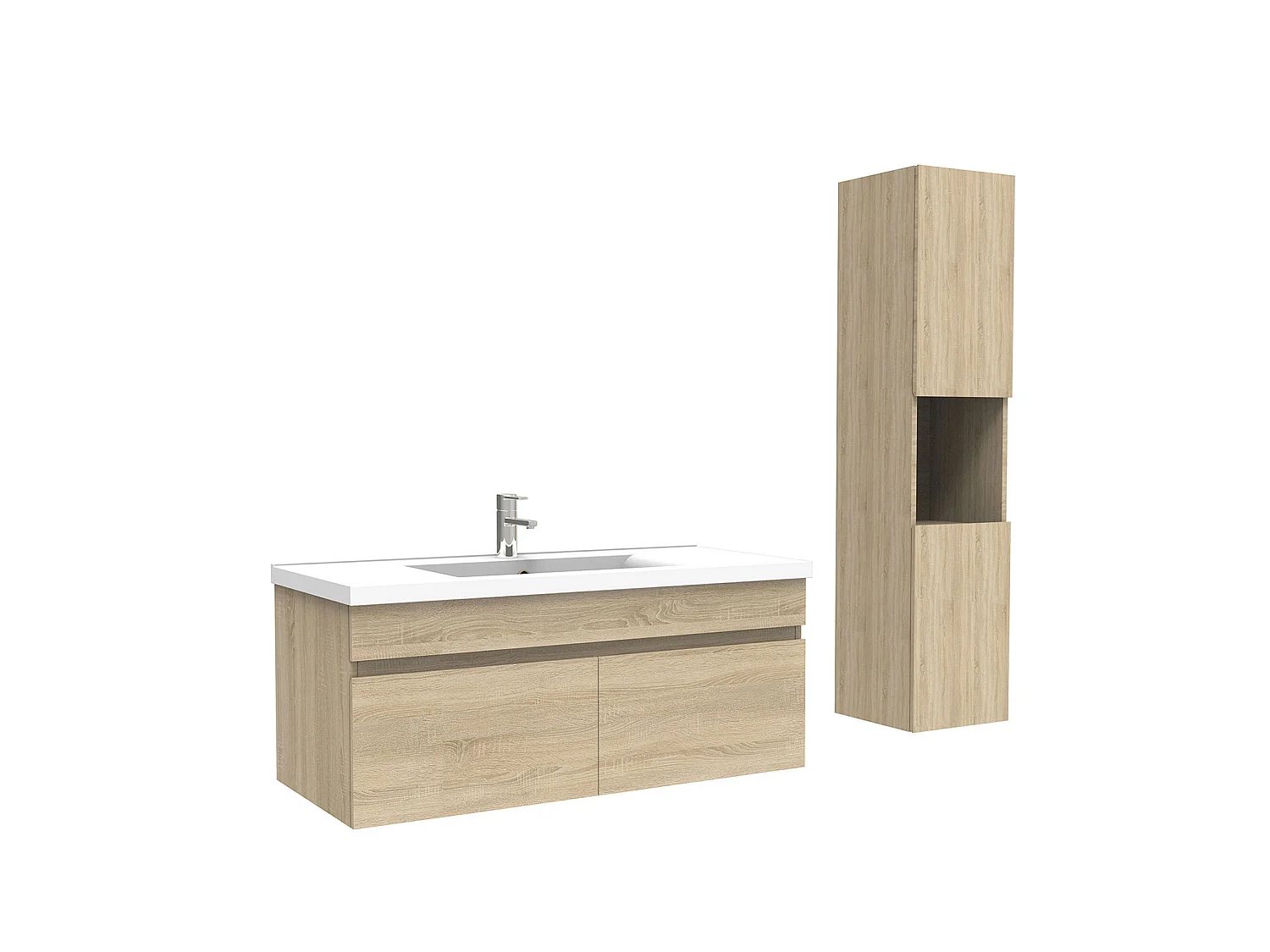 Meuble Salle de Bain avec colonne et vasque ceramique 100cm Chêne Wotan, Aica