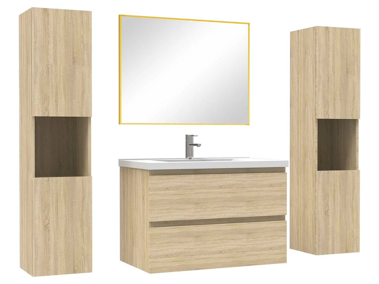 Ensemble meubles Salle de Bain avec colonne et miroir mural 80cm meuble Chêne Wotan